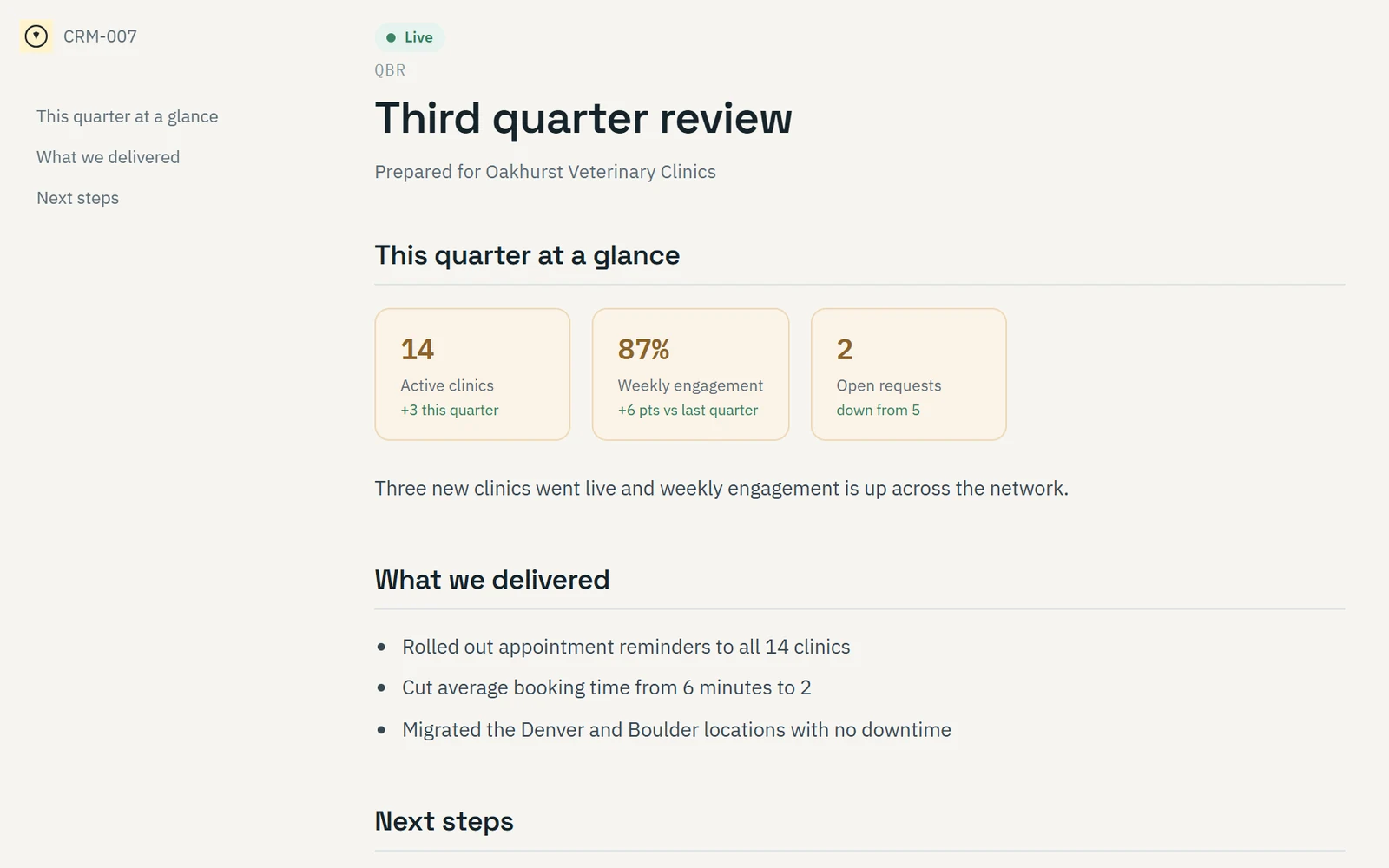 A client portal page in CRM-007 showing progress, next steps and a comment thread.